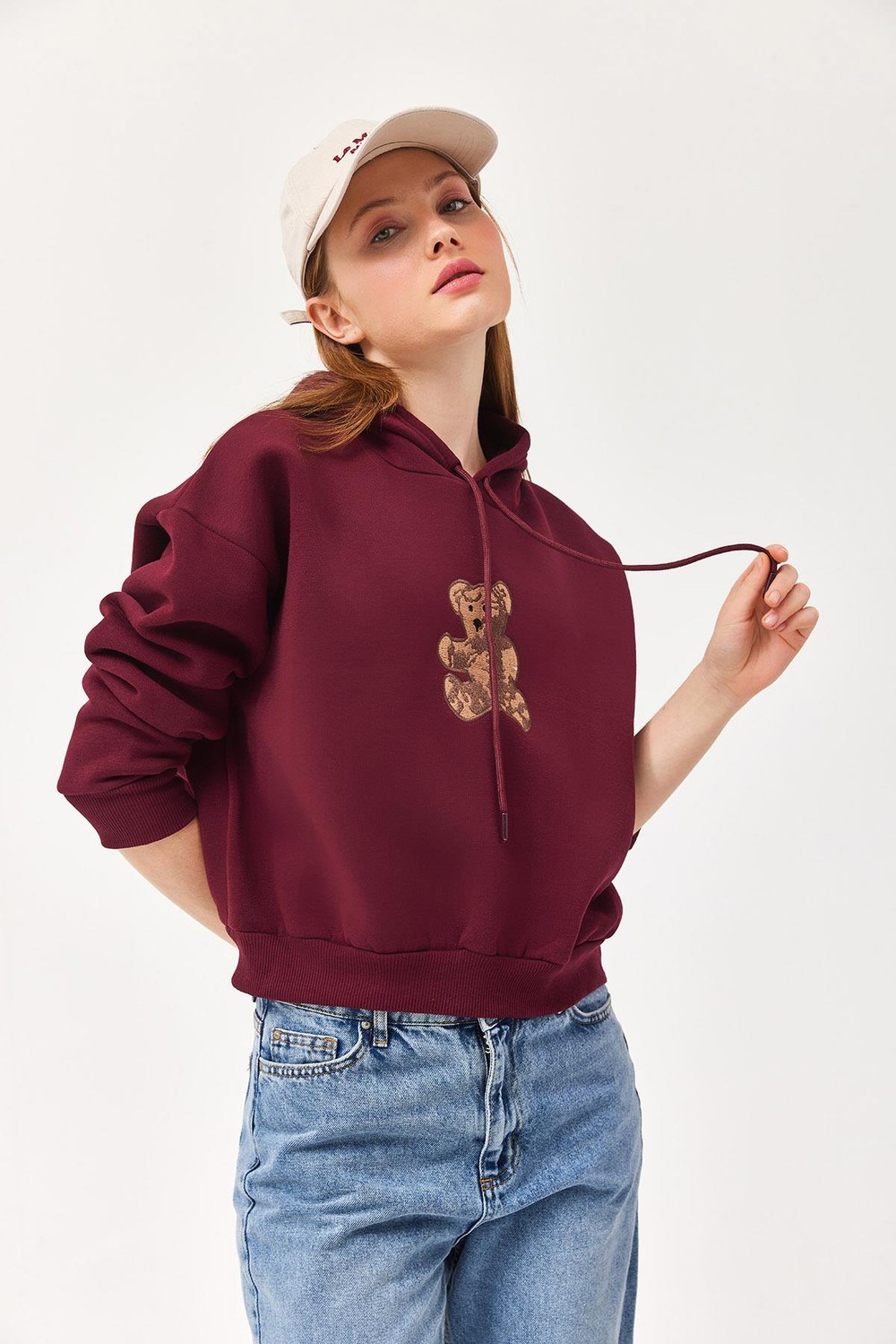 Nakışlı Kapüşonlu Üç İp Sweatshirt Bordo