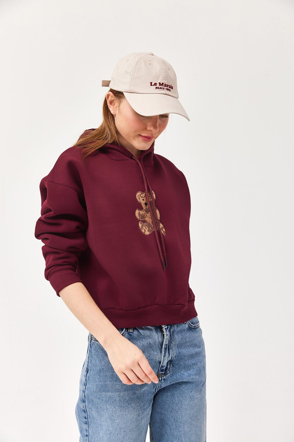 Nakışlı Kapüşonlu Üç İp Sweatshirt Bordo