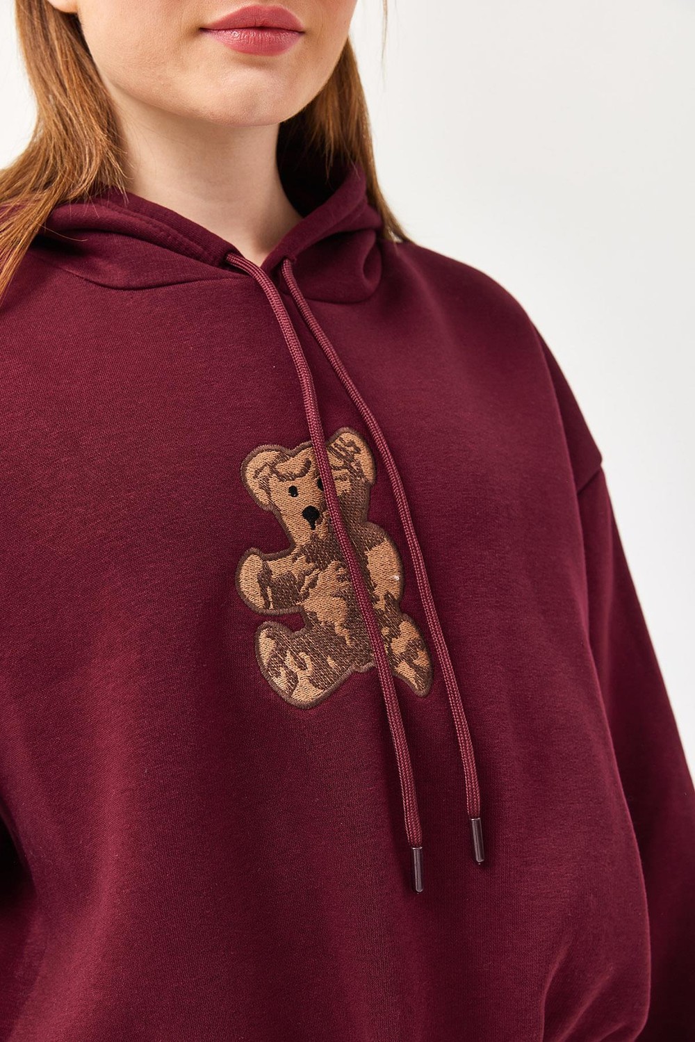 Nakışlı Kapüşonlu Üç İp Sweatshirt Bordo