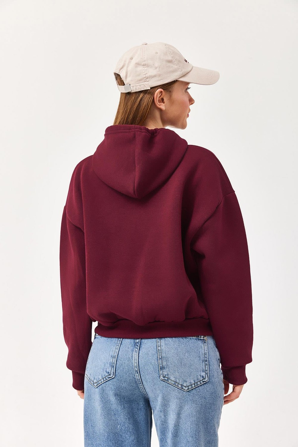 Nakışlı Kapüşonlu Üç İp Sweatshirt Bordo