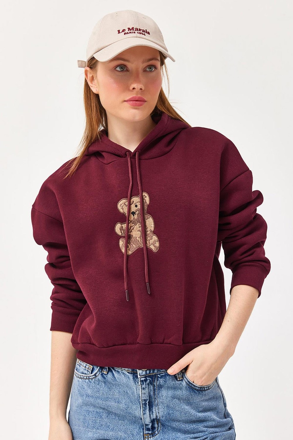 Nakışlı Kapüşonlu Üç İp Sweatshirt Bordo