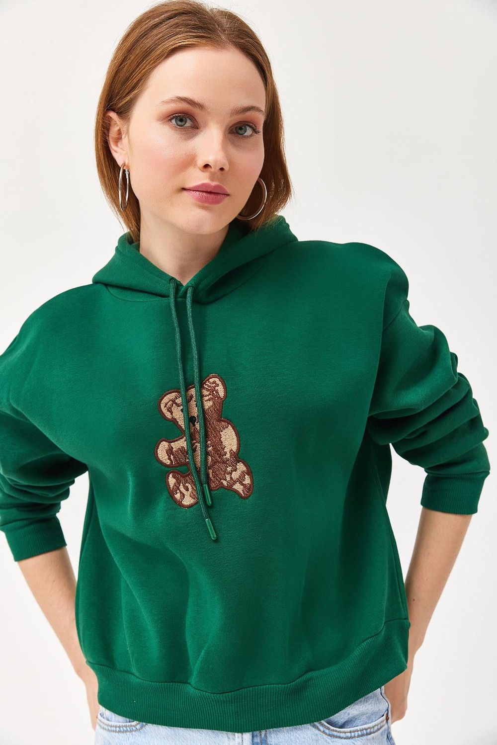 Nakışlı Kapüşonlu Üç İp Sweatshirt Yeşil