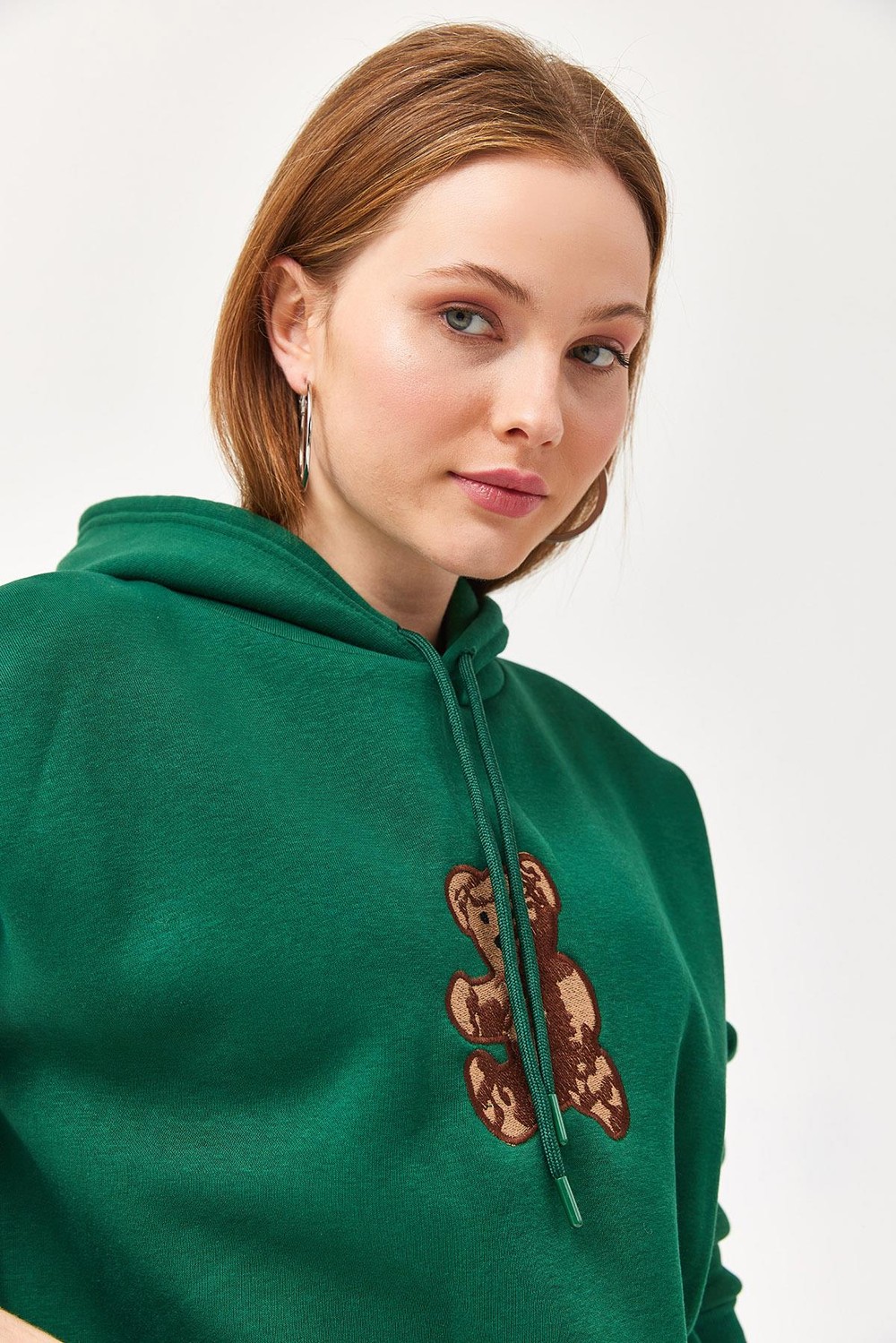 Nakışlı Kapüşonlu Üç İp Sweatshirt Yeşil