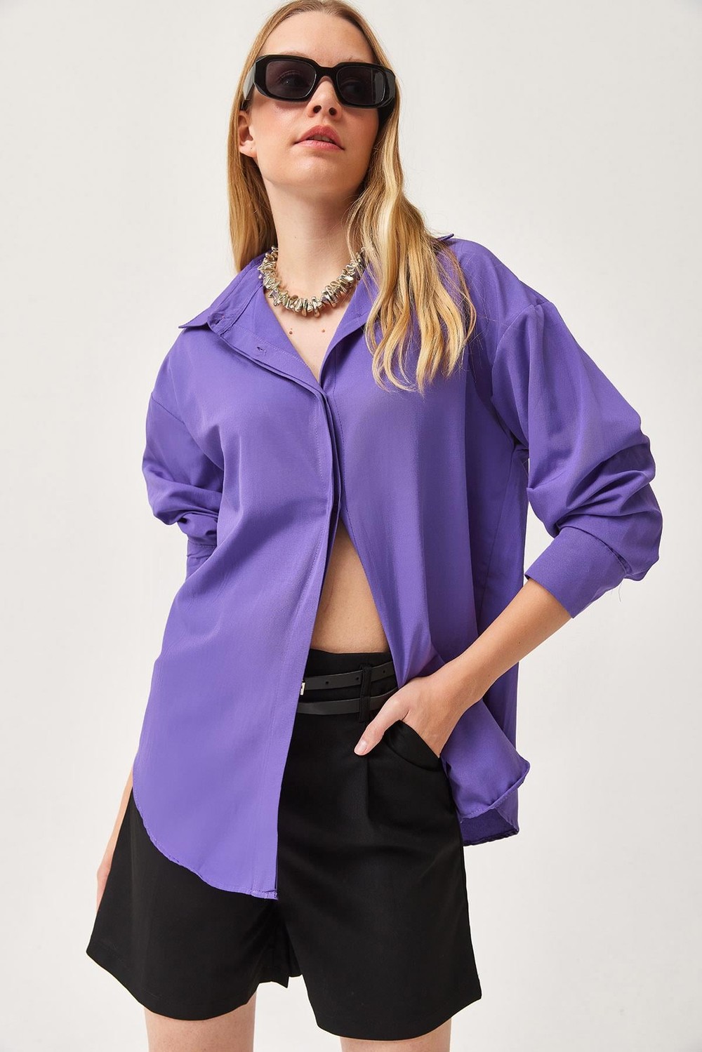 Oversize Basic Gömlek Lila