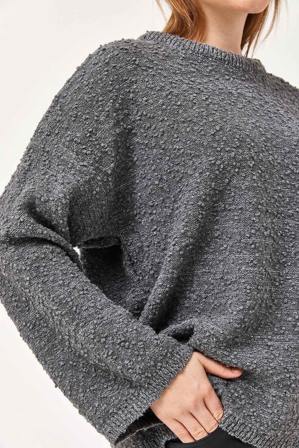 Oversize Dökümlü Triko Kazak Füme