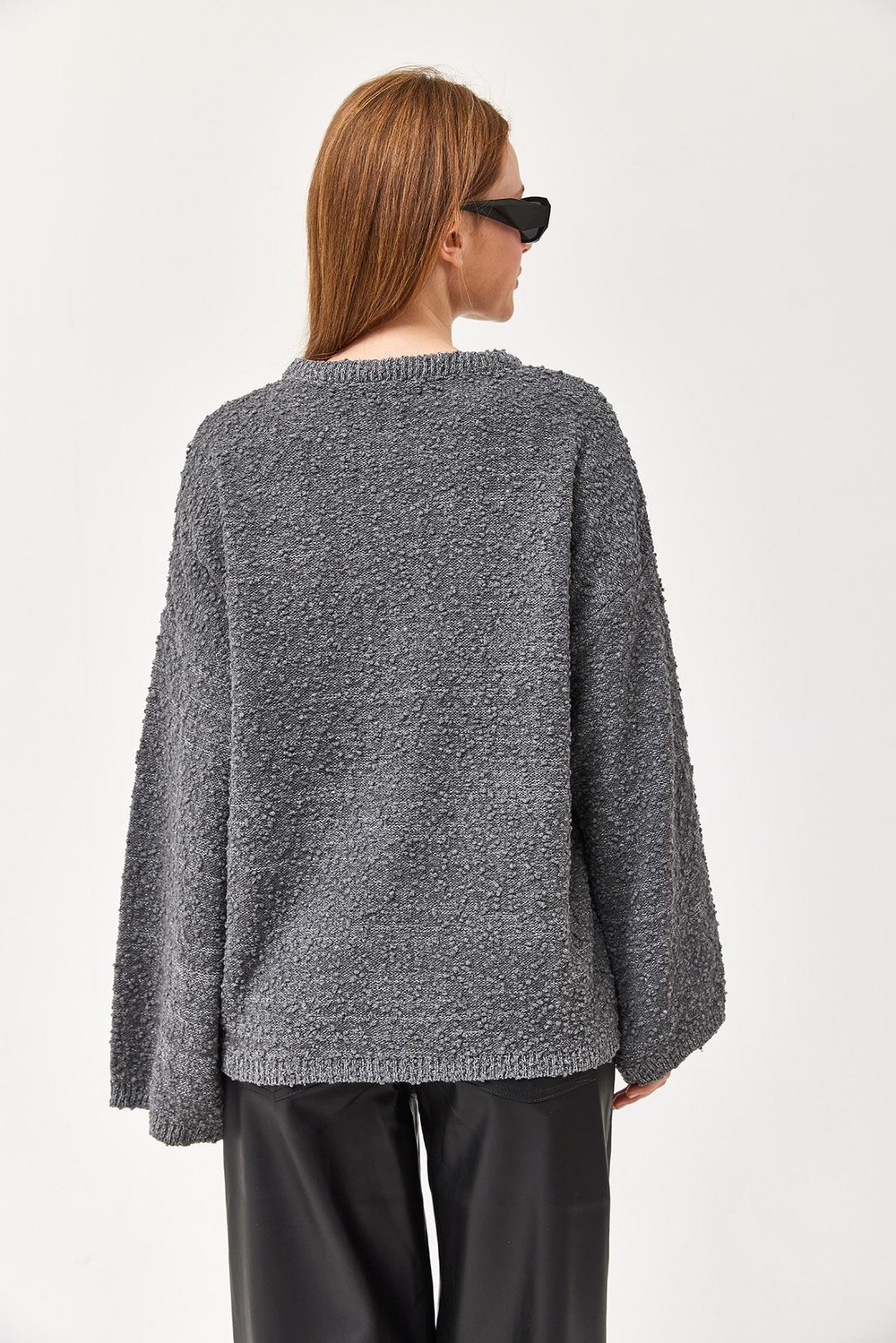 Oversize Dökümlü Triko Kazak Füme
