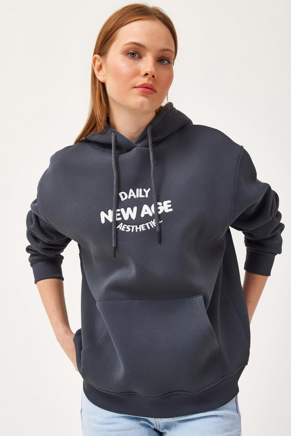 Oversize Kapüşonlu Kanguru Cepli Sweatshirt Antrasit