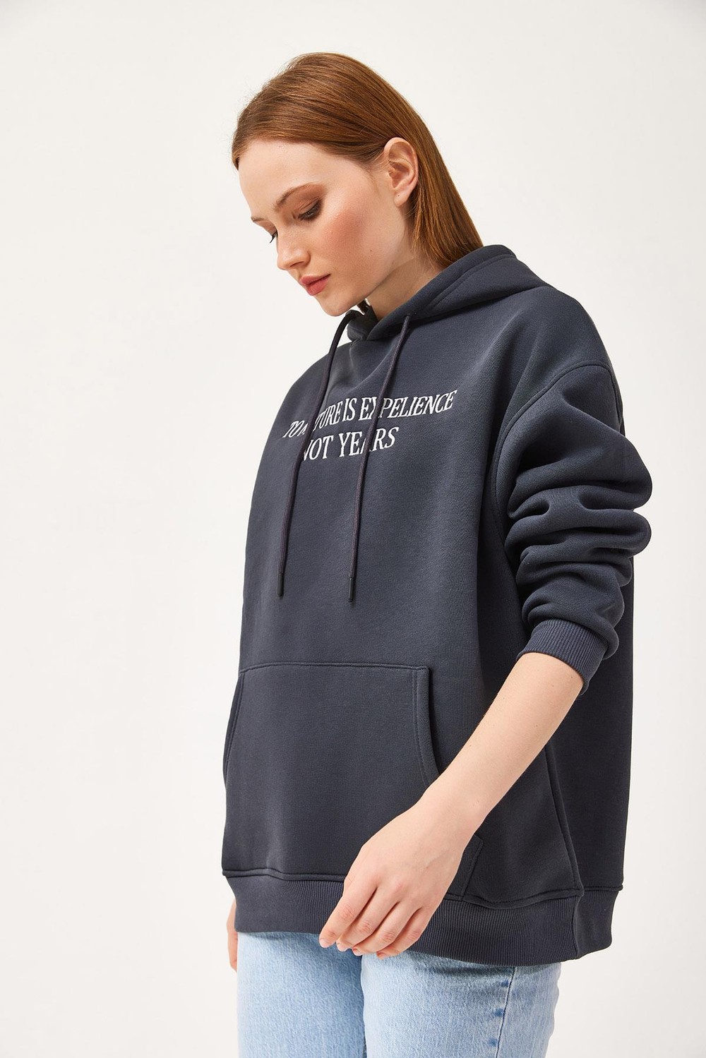 Oversize Kapüşonlu Kanguru Cepli Sweatshirt Antrasit