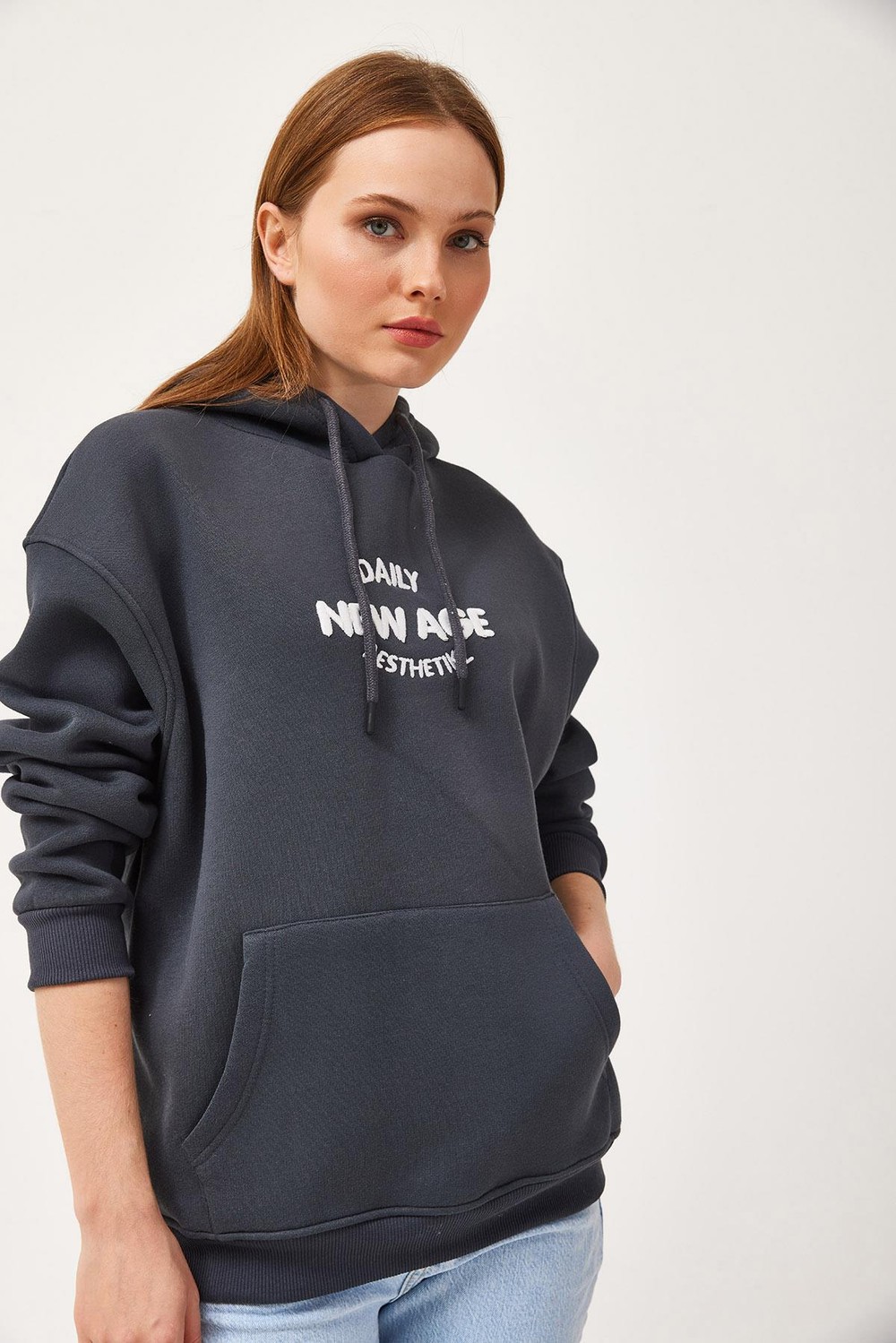 Oversize Kapüşonlu Kanguru Cepli Sweatshirt Antrasit