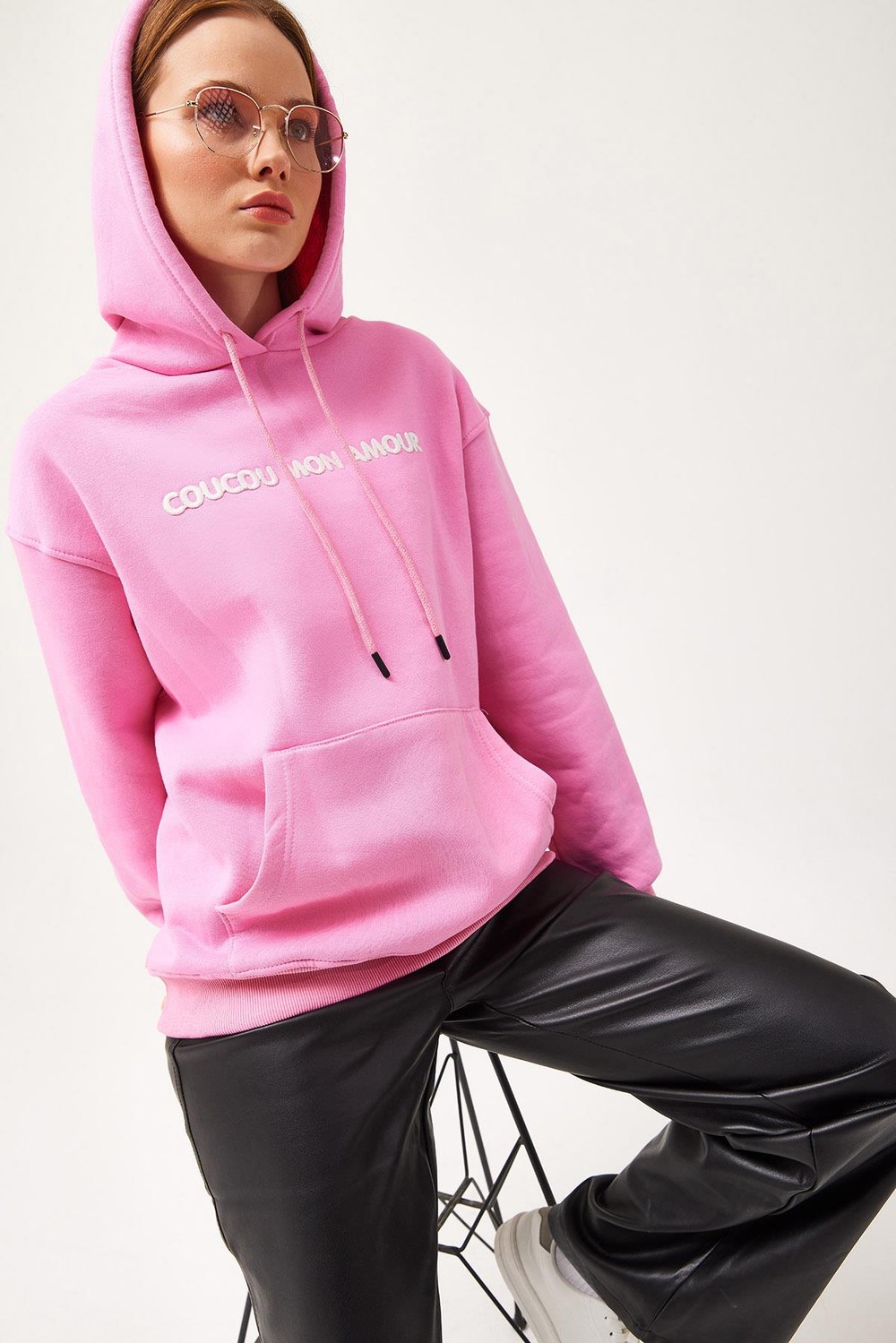 Oversize Kapüşonlu Kanguru Cepli Sweatshirt Pembe