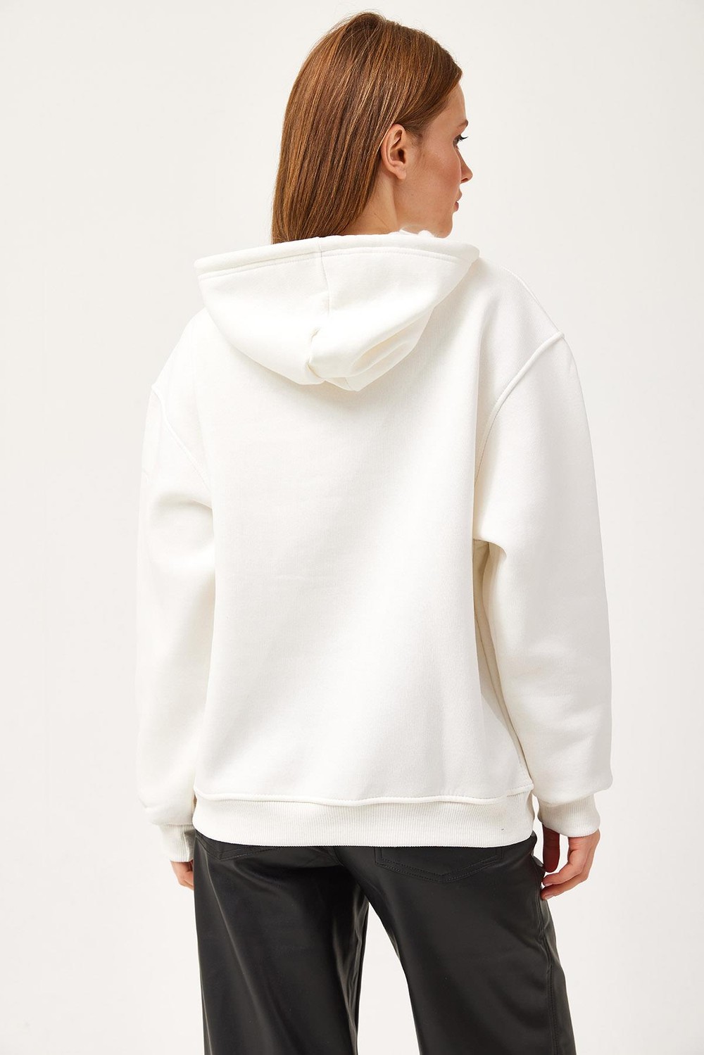 Oversize Kapüşonlu Kanguru Cepli Sweatshirt Beyaz