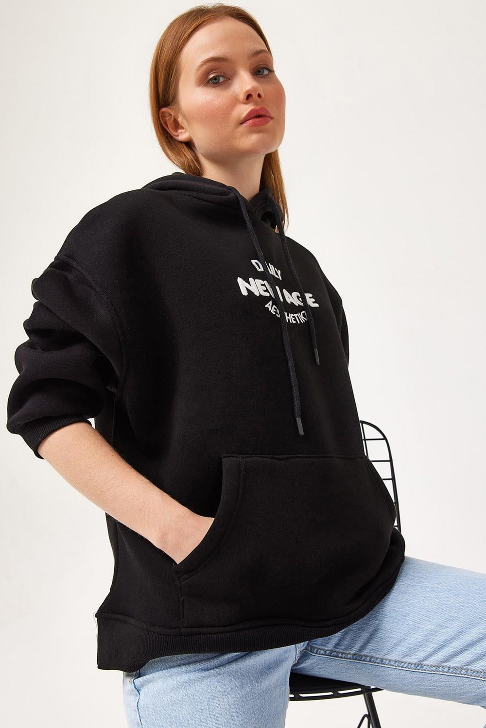 Oversize Kapüşonlu Kanguru Cepli Sweatshirt Siyah