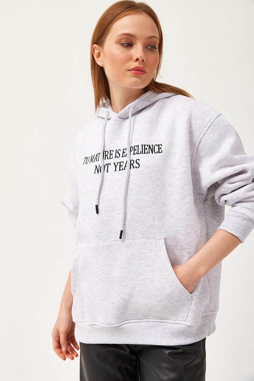 Oversize Kapüşonlu Kanguru Cepli Sweatshirt Gri