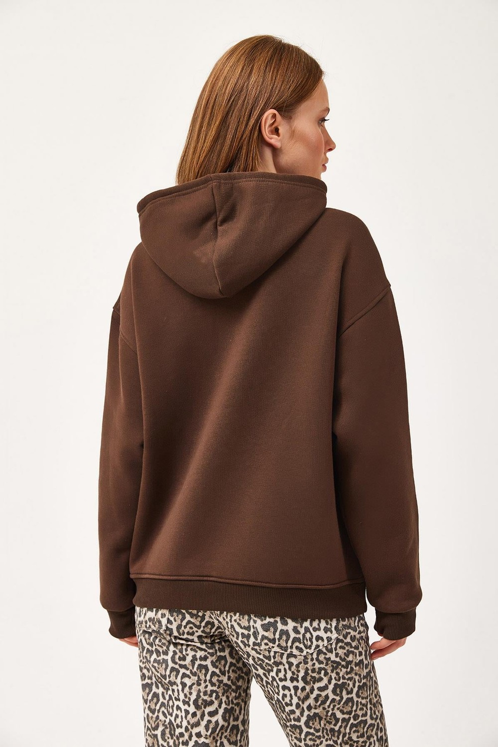 Oversize Kapüşonlu Kanguru Cepli Sweatshirt Kahve