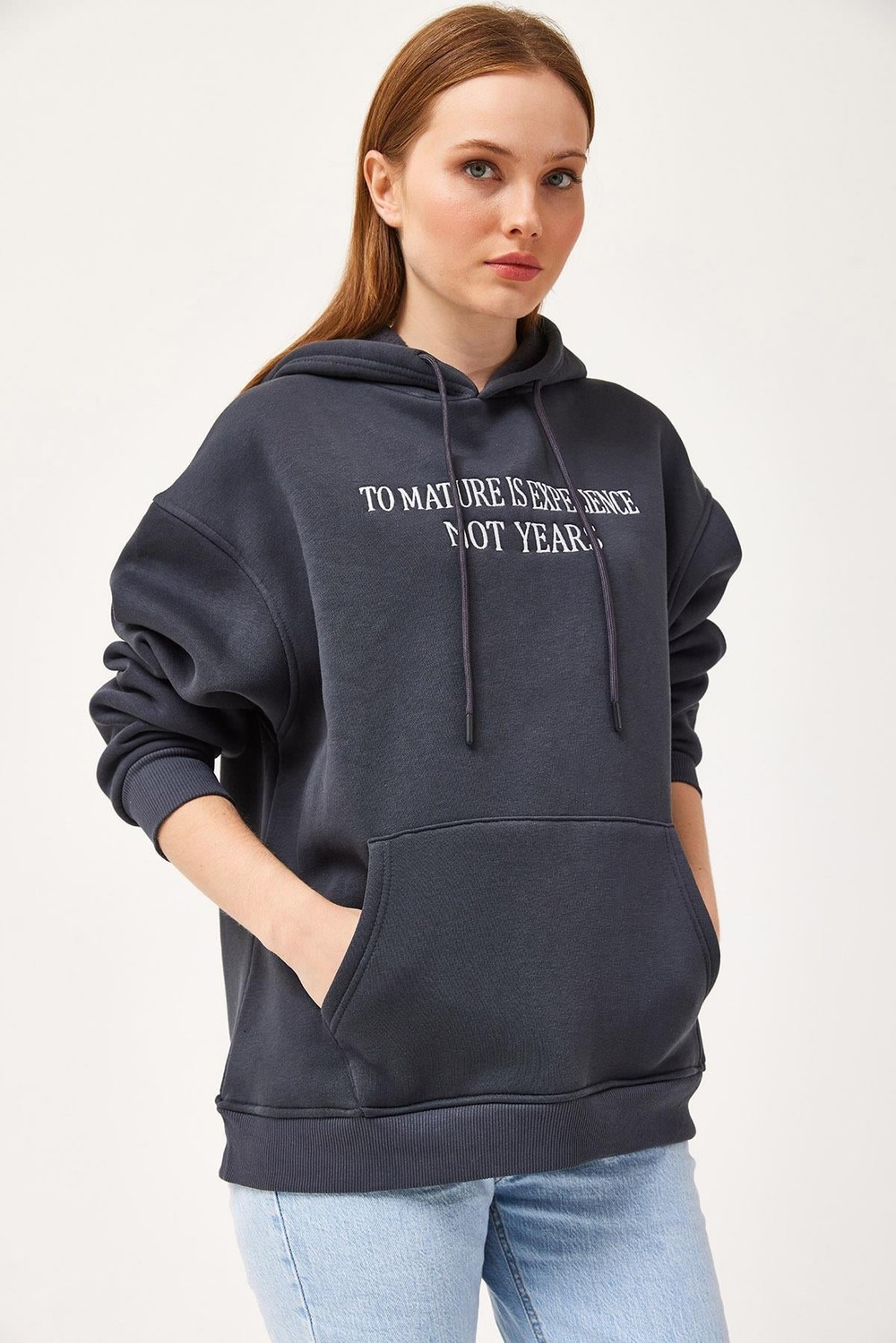 Oversize Kapüşonlu Kanguru Cepli Sweatshirt Antrasit