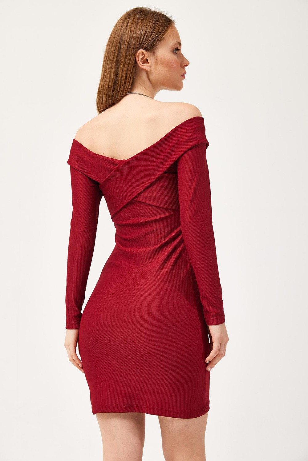 Yakası Çapraz Model Elbise Bordo