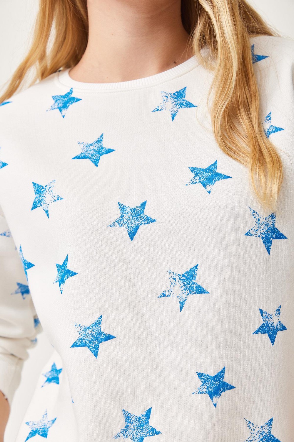 Yıldız Baskılı Oversize Şardonlu Sweatshirt Beyaz
