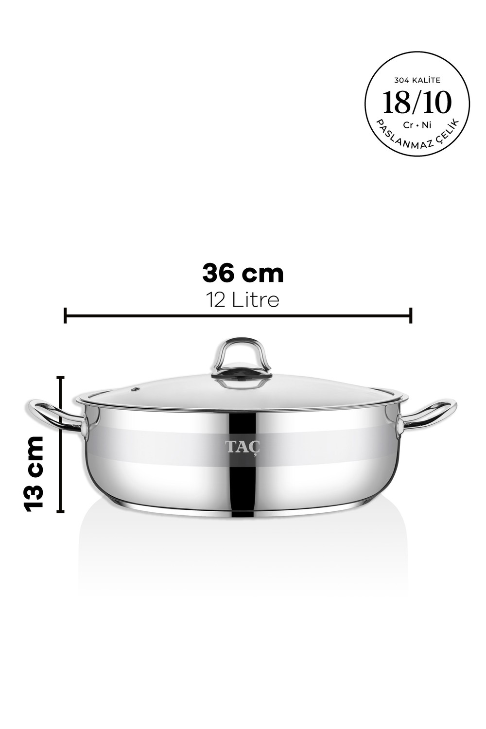 Taç Bengü Pro İndüksiyon Tabanlı Paslanmaz Çelik 36 Cm Basık Tencere 12 Litre