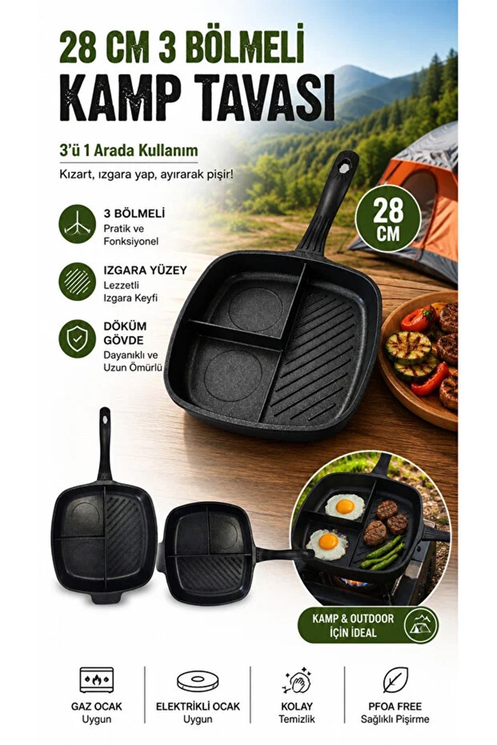 Taç 3 Bölmeli Döküm Tava 28 cm cm | Ocak & Fırın Uyumlu | Kamp ve Mutfak İçin Çok Amaçlı Kahvaltı Tavası