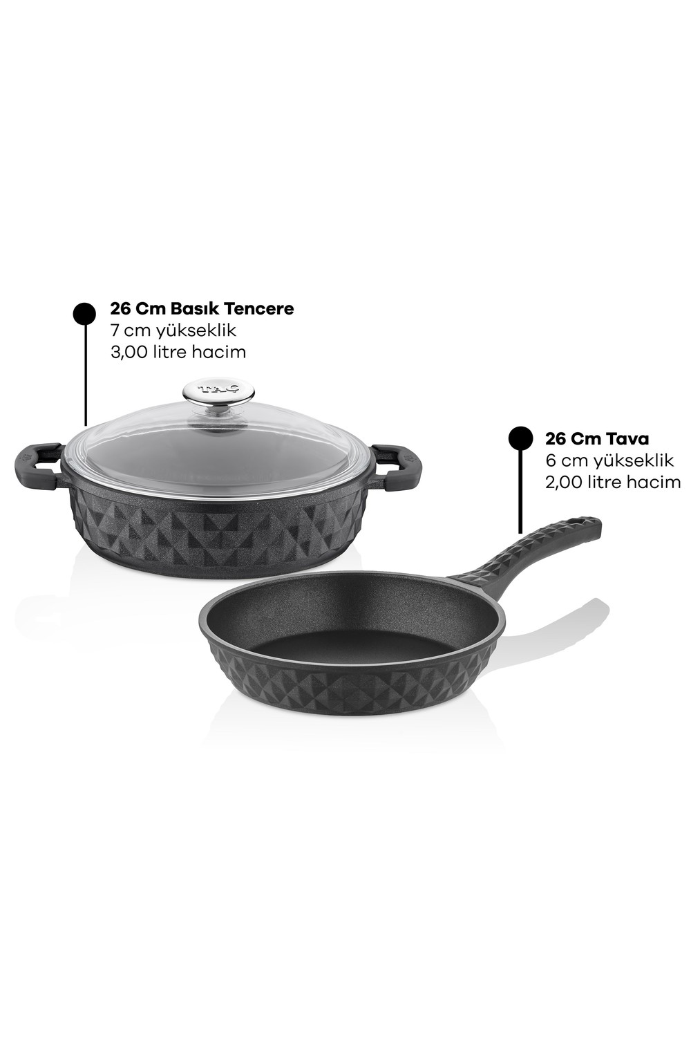Taç Bella Cam Kapak Basık Tencere ve Tava 2li Set 26 Cm