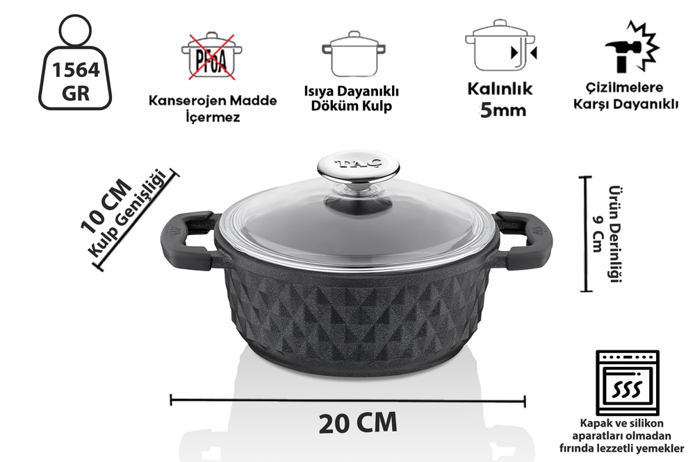 Taç Bella Cam Kapak Döküm Derin Tencere 20 Cm Siyah