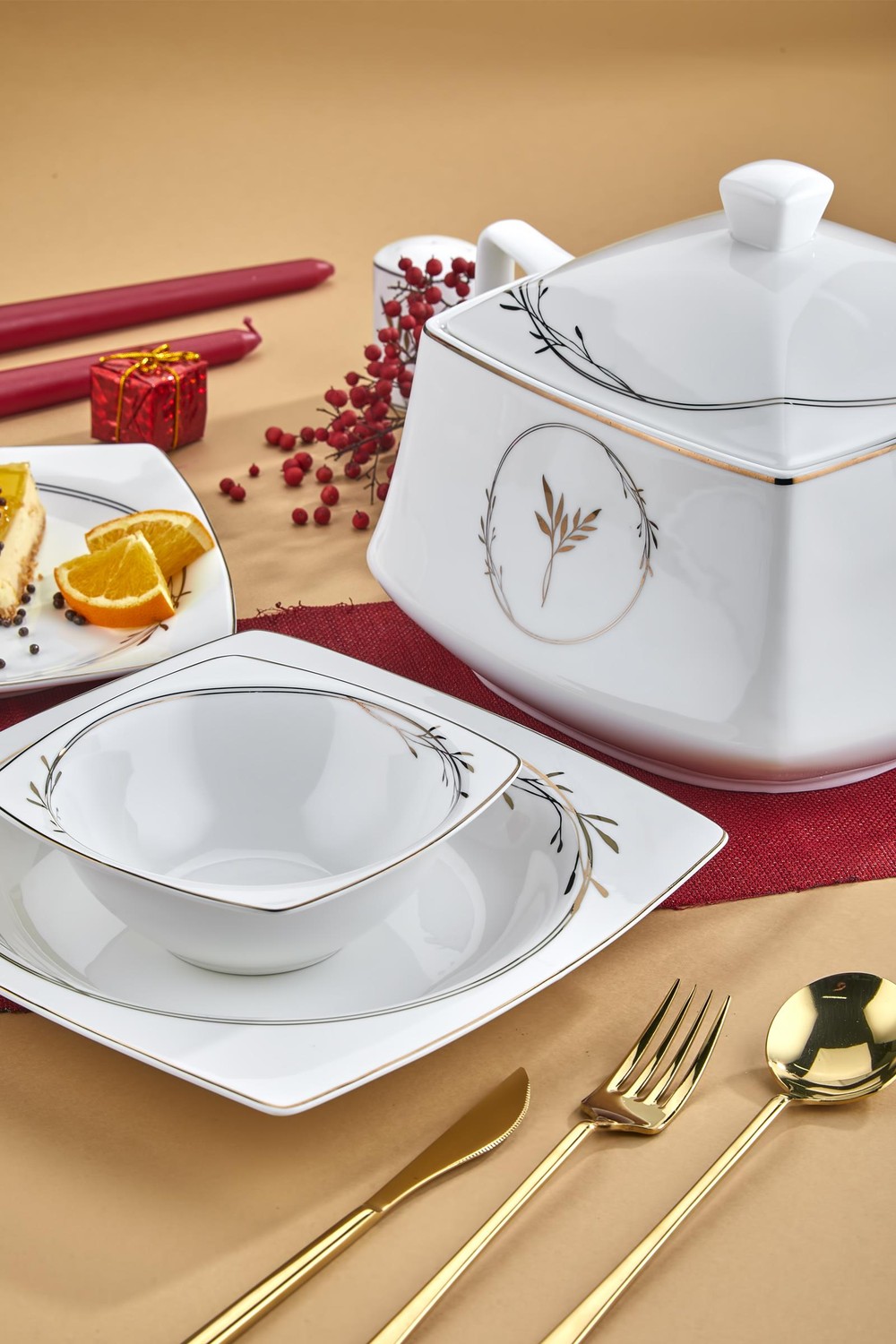 Taç Real Bone Olea Gold 60 Parça 12 Kişilik Yemek Takımı