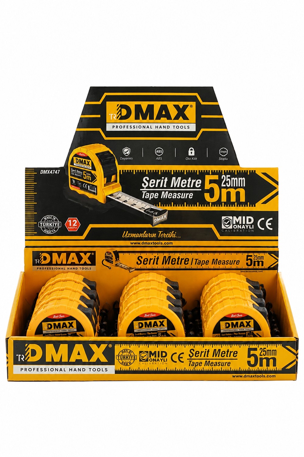  Ölçüm ve Kesim Aletleri Dmax DMX4747 DMAX  DMAX Şerit Metre 5 m x 25 mm - MID Onaylı - ABS Gövde - 12'li Paket