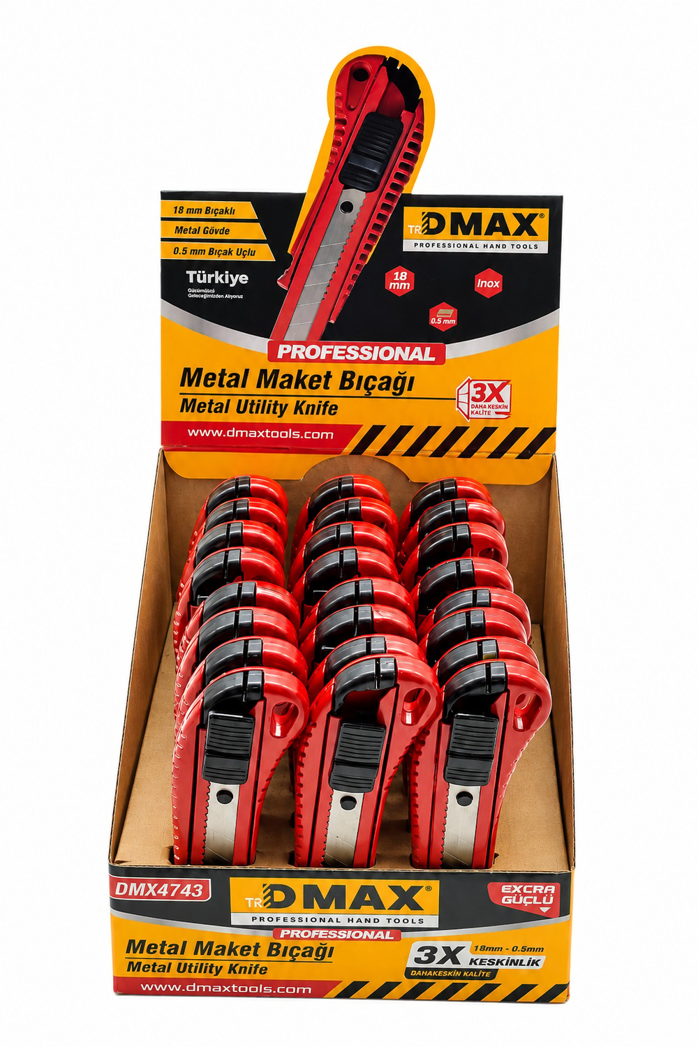 DMAX Metal Maket Bıçağı Falçata 24'lü | Bayi | Ömür Hırdavat Ölçüm ve Kesim Aletleri Dmax DMX4743 DMAX  DMAX Metal Maket Bıçağı (Falçata) 18 mm - Inox Bıçak - Metal Gövde - 24'lü Paket