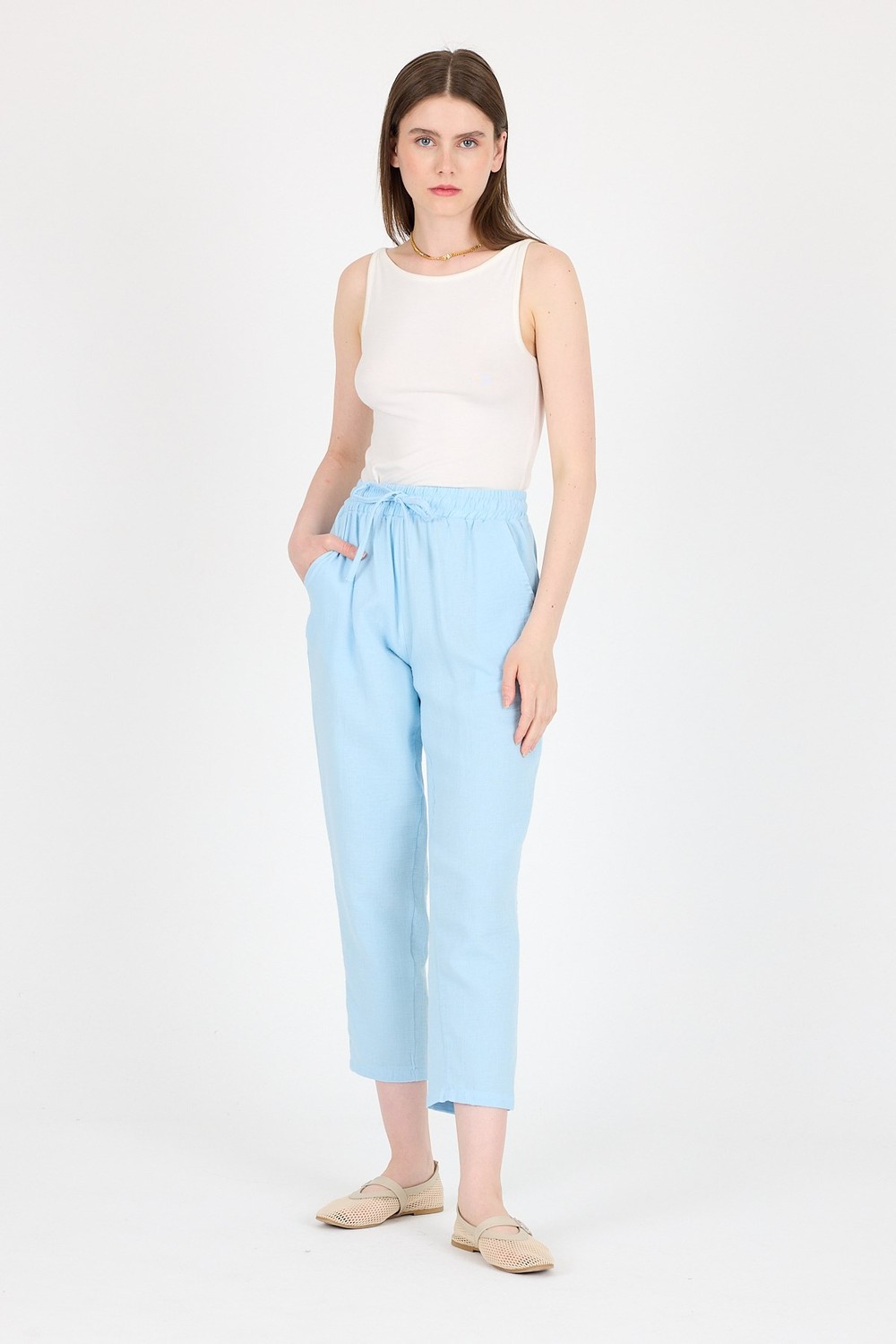 Bebe Mavi Müslin %100 Pamuk Beli Lastikli Pantolon 8055A