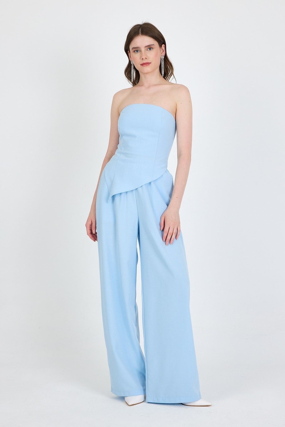 Bebe Mavi Straplez Asimetrik Bluz Pantolon Takım 5234