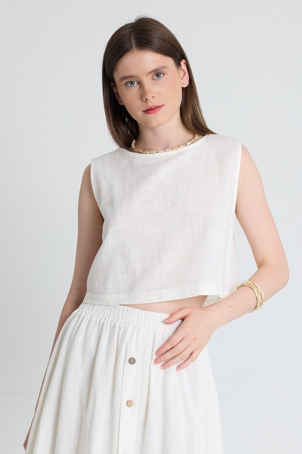 Beyaz Keten Görünümlü %100 Pamuk Kolsuz Crop Bluz 3419-1