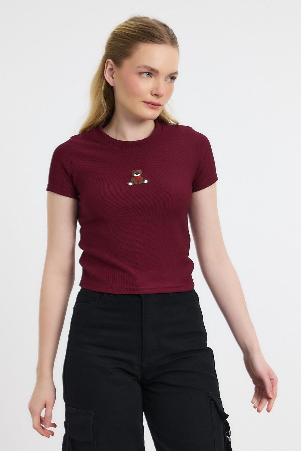 Bluz-Ayıcık Nakışlı Kısa Kol Bluz 2199 Bordo -rulem