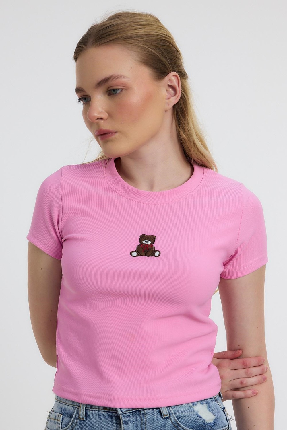 Bluz-Ayıcık Nakışlı Kısa Kol Bluz 2199 Pembe -rulem