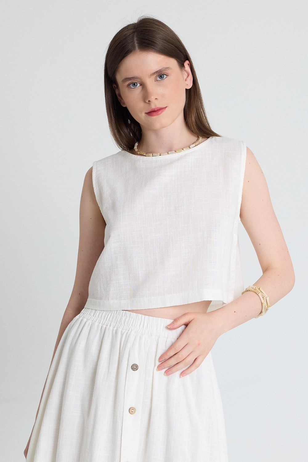 Bluz-Beyaz Keten Görünümlü %100 Pamuk Kolsuz Crop Bluz 3419-1-rulem