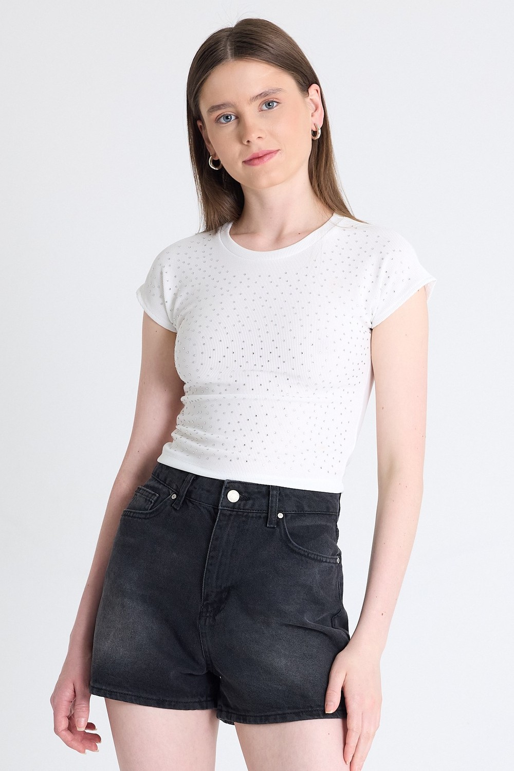 Bluz-Beyaz Taş Detaylı Slim Fit Crop Tişört 9207M-rulem