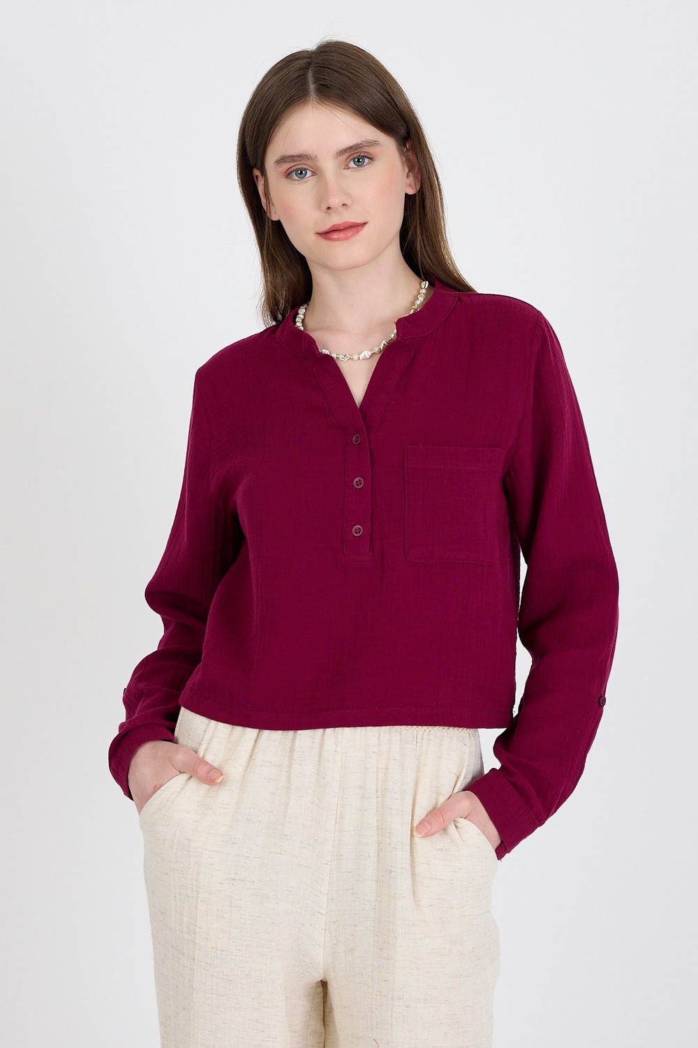 Bluz-Bordo %100 Pamuk Keten Görünümlü Hakim Yaka Crop Gömlek 4702A-rulem