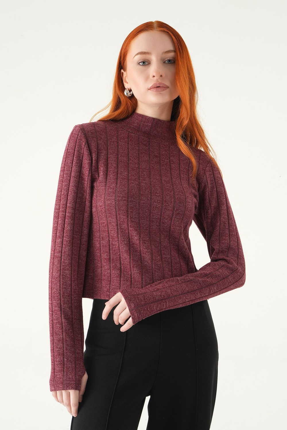 Bluz-Bordo Balıkçı Yaka Uzun Kol Bluz 8361A-rulem