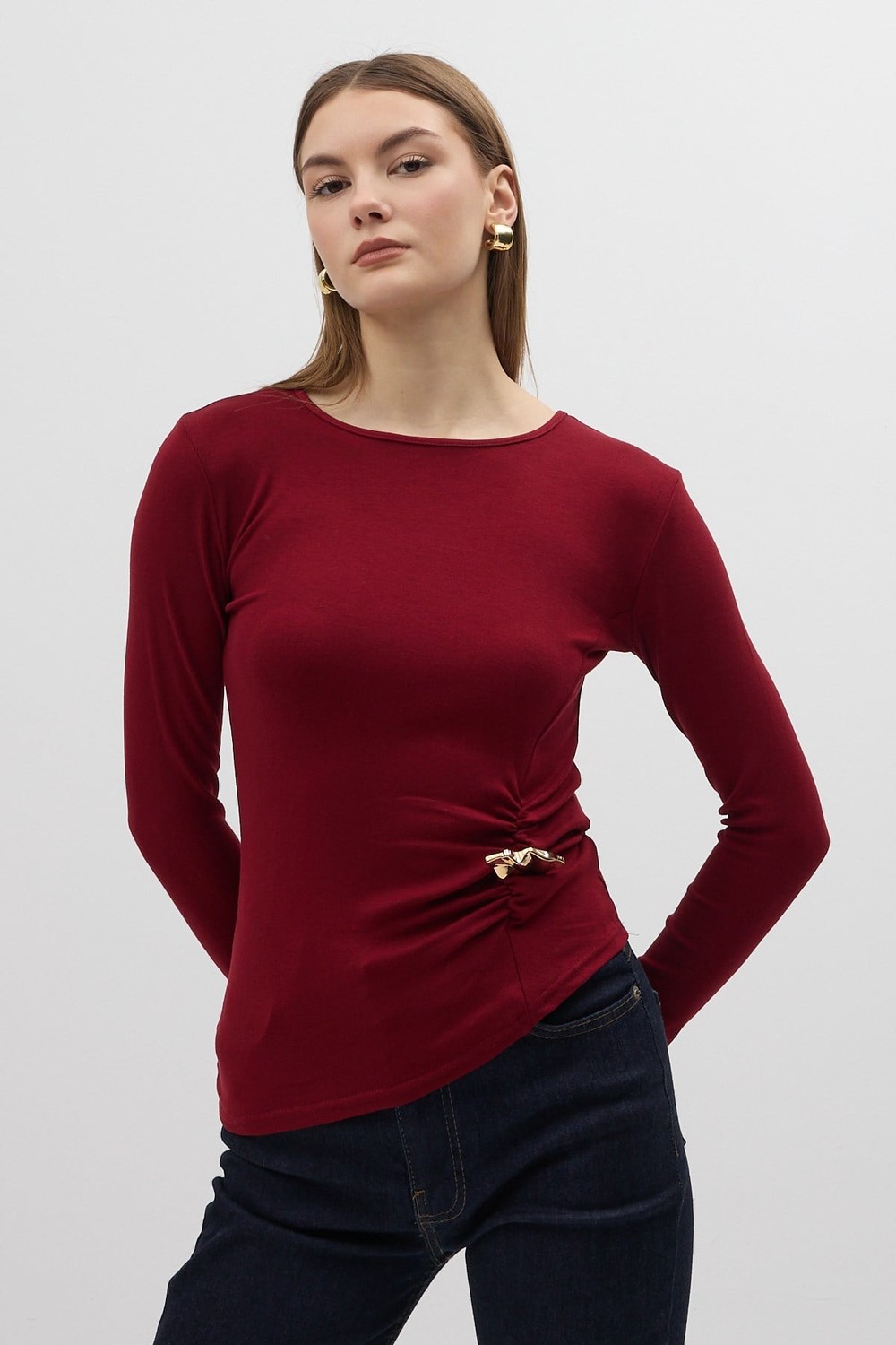 Bluz-Bordo Bel Toka Detaylı Uzun Kollu Bluz 8221A-rulem