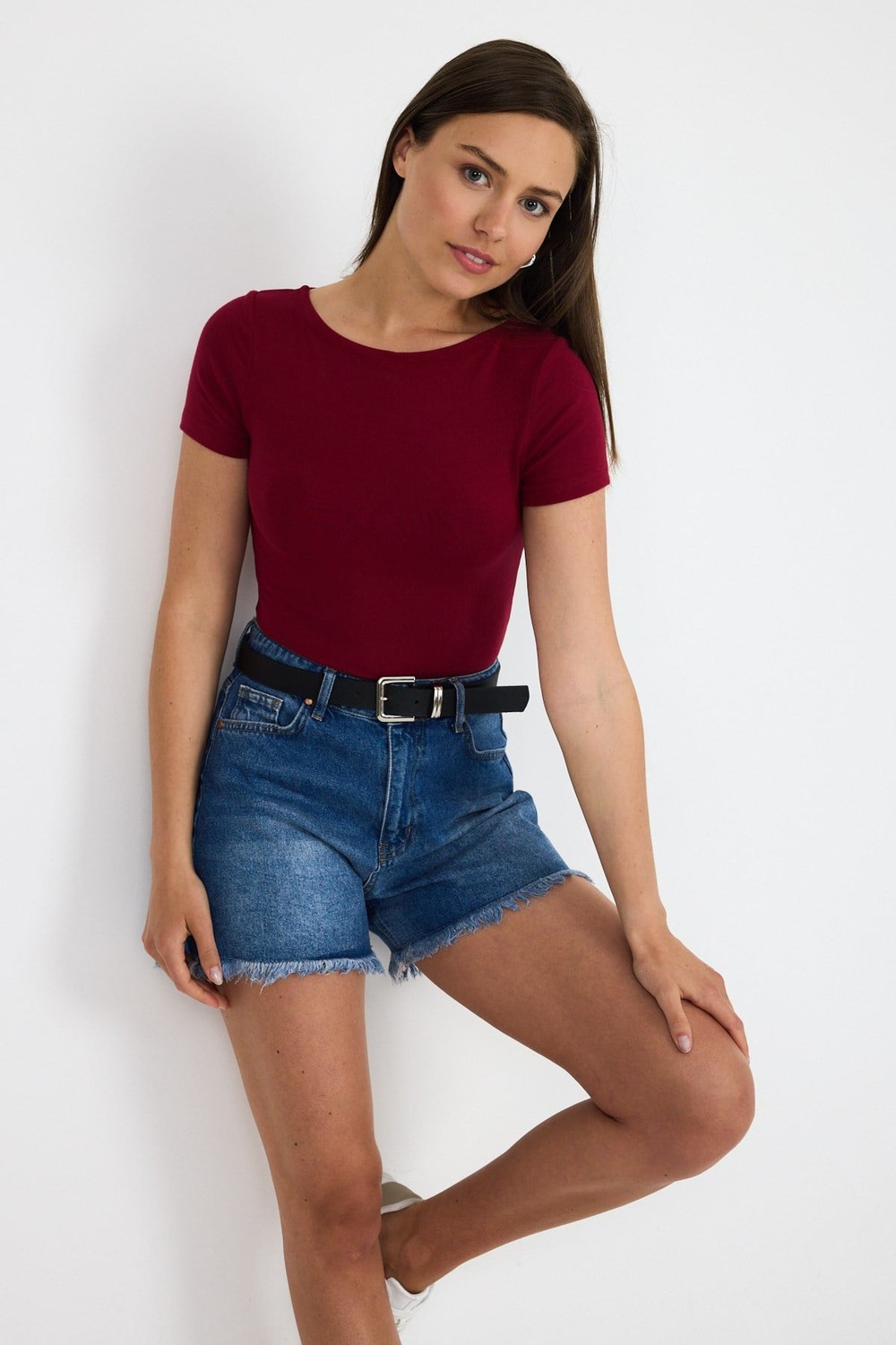 Bluz-Bordo Bisiklet Yaka Viskoz/Yumuşak Kumaş Tişört 1469-rulem