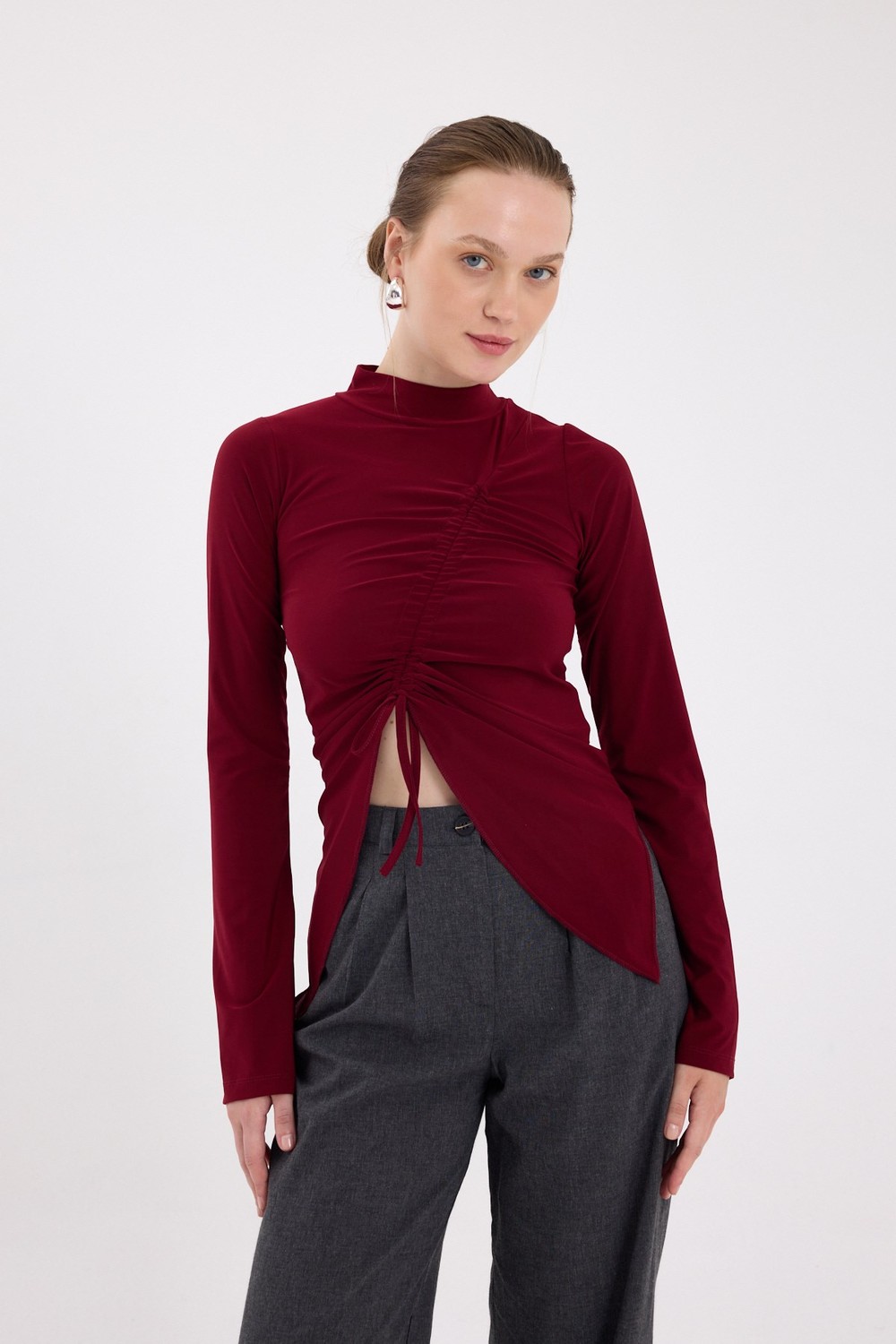 Bluz-Bordo Büzgü Detaylı Balıkçı Yaka Bluz 2458-rulem