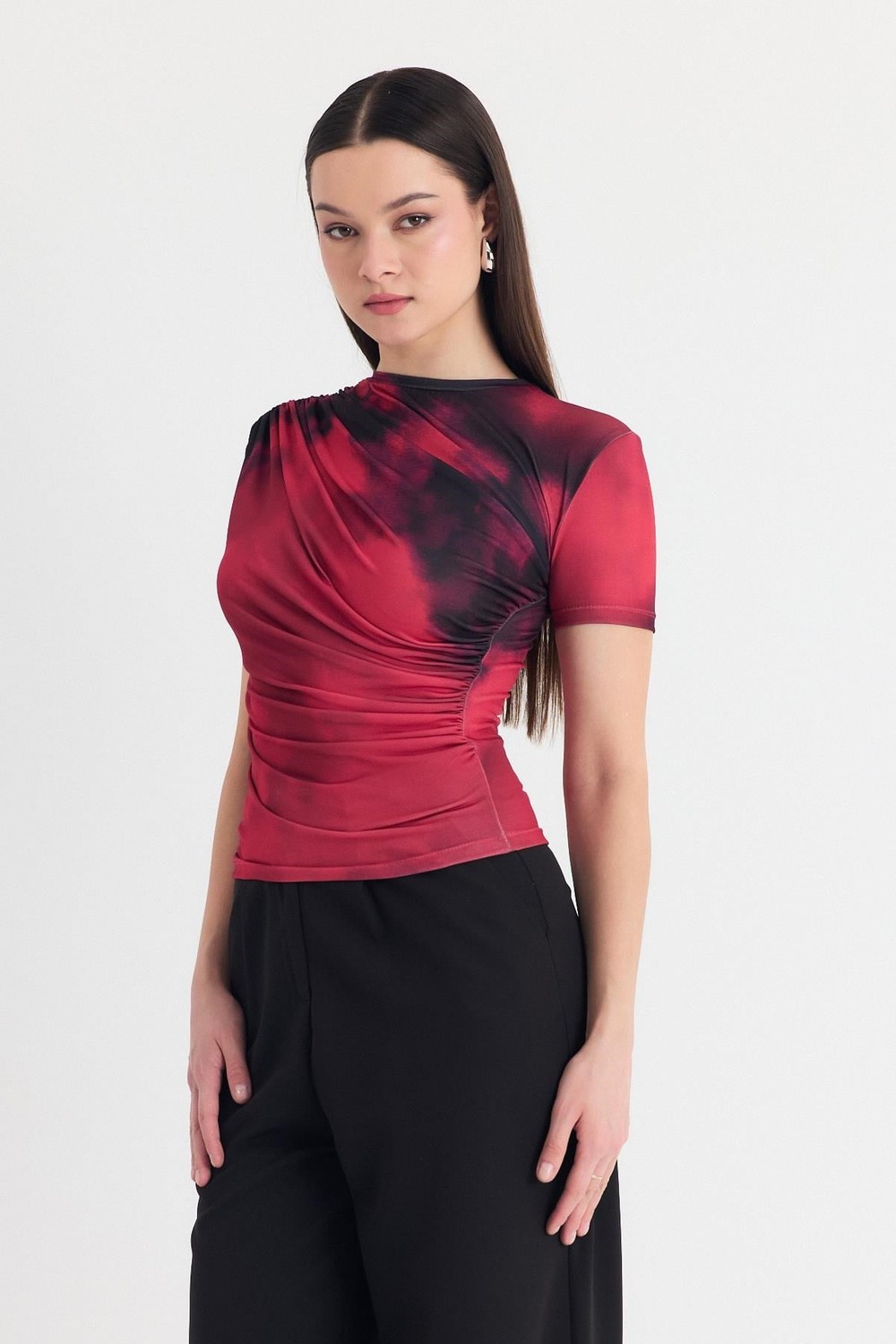 Bluz-Bordo Desenli Büzgülü Sandy Bluz 12303-rulem