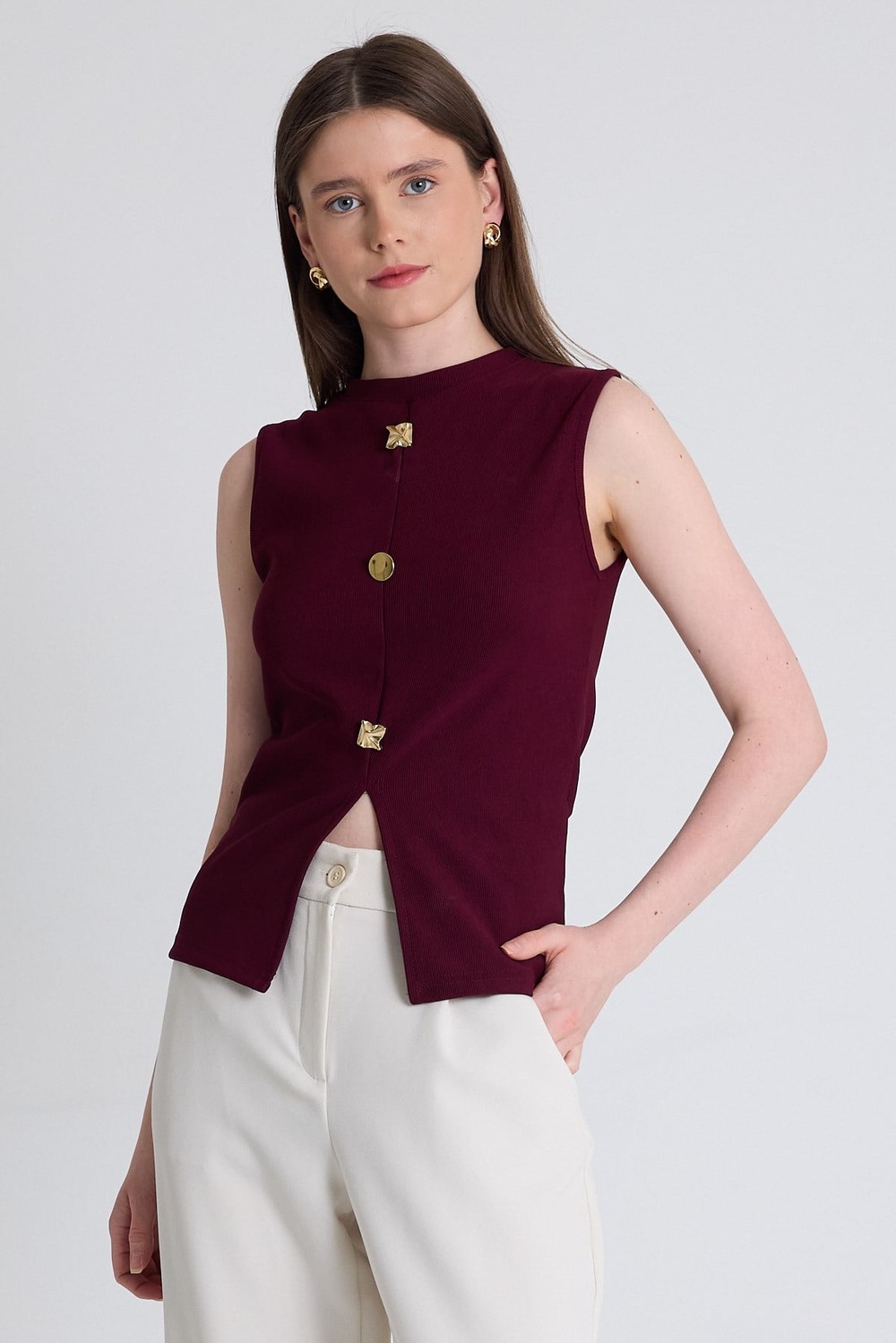 Bluz-Bordo Gold Düğme Detaylı Kolsuz Bluz 2203-rulem