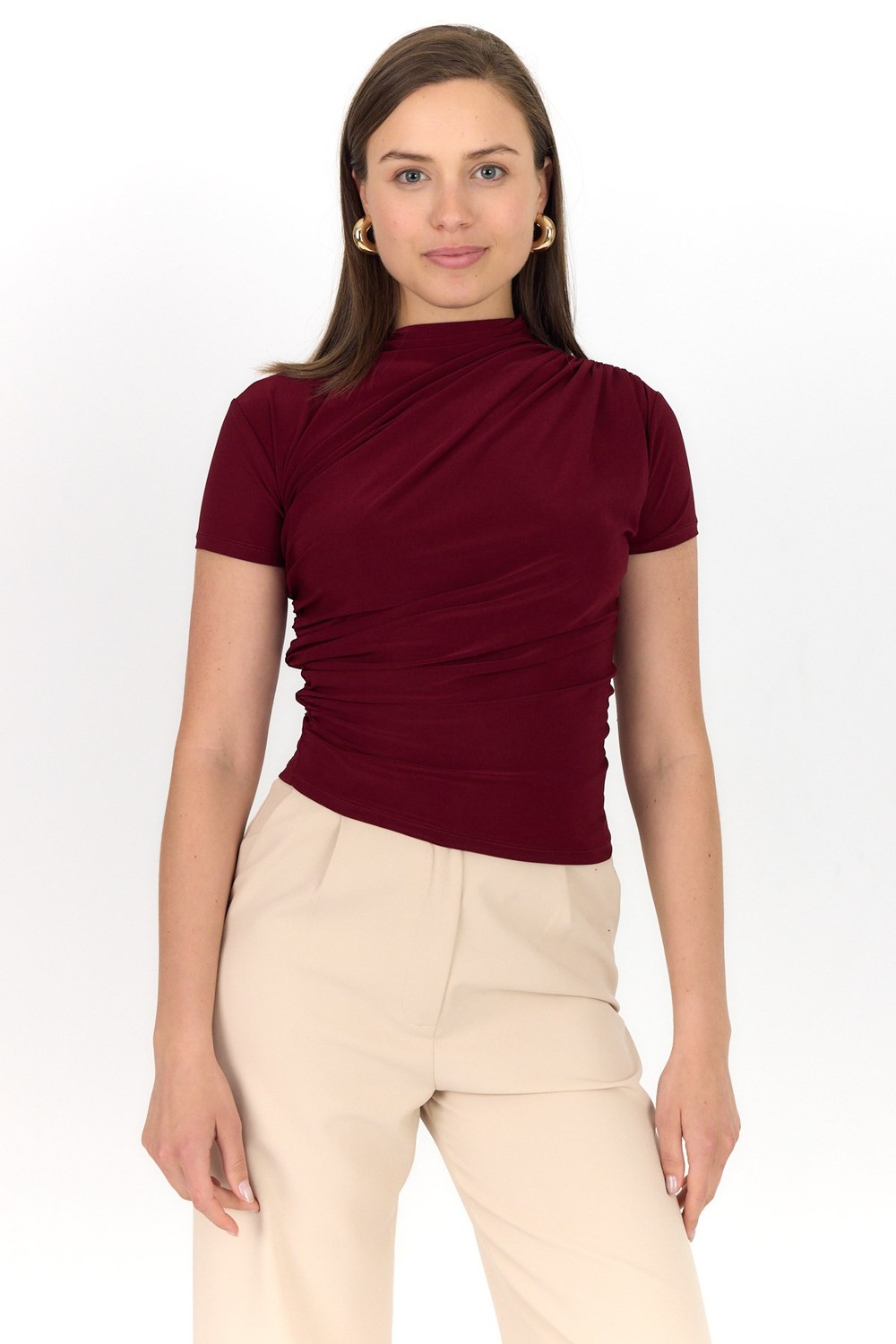 Bluz-Bordo Kısa Kol Büzgülü Sandy Bluz 2417-rulem