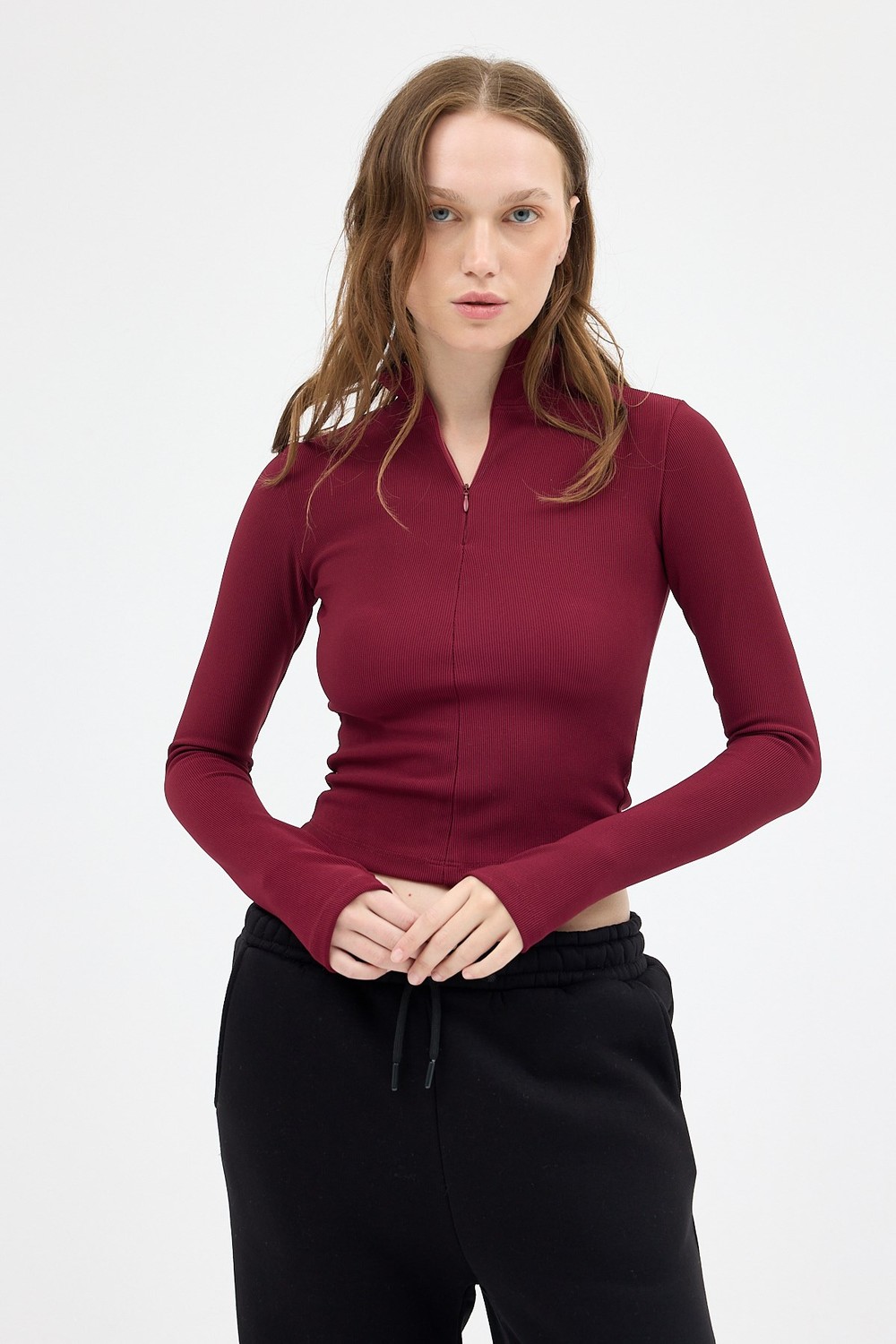 Bluz-Bordo Yarım Balıkçı Yaka Fermuarlı Body 2447-rulem