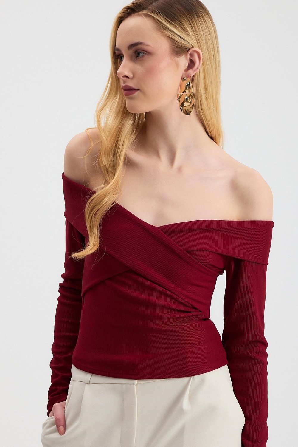 Bluz-Çapraz Madonna Yaka Bluz 12748 Bordo -rulem