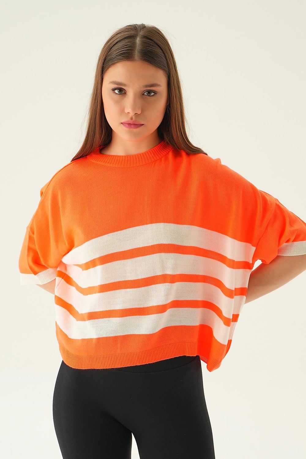 Bluz-Çizgi Detay Oversize Tişört 1454 Orange -rulem