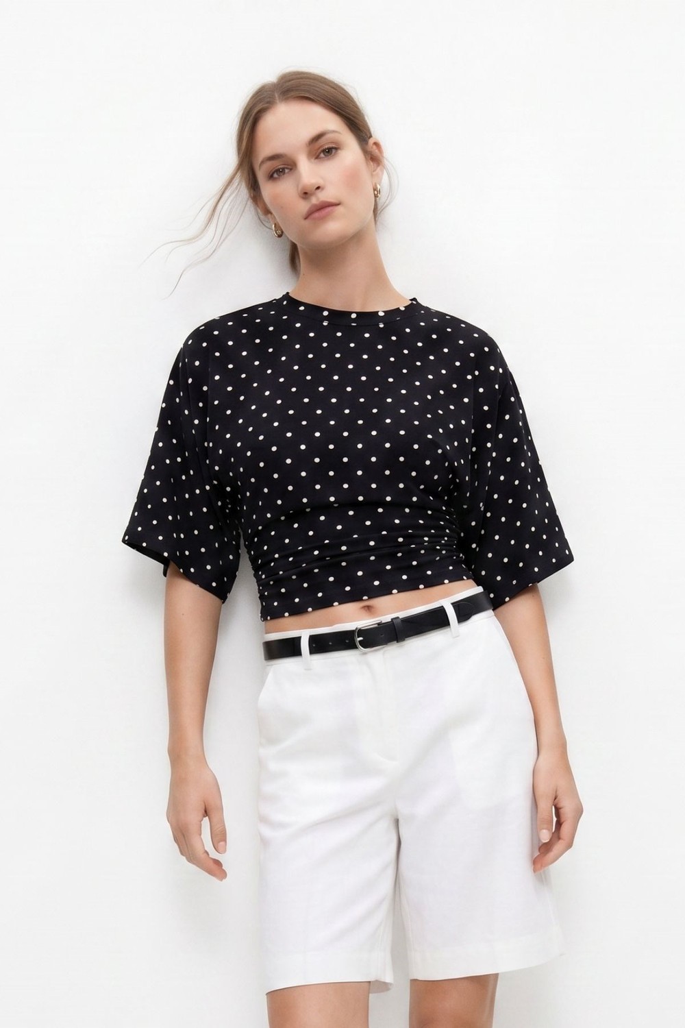 Bluz-Geniş Kol Puantiyeli Bel Oturtma Bluz 36017 Siyah -rulem