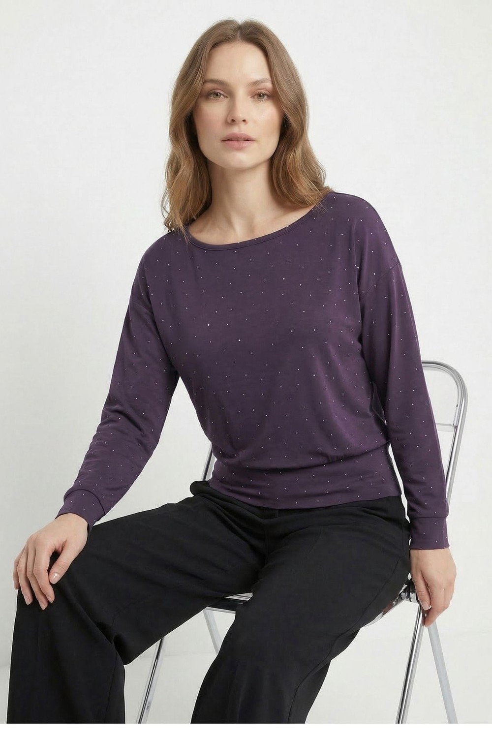 Bluz-Kayık Yaka Taş Detaylı Bluz 8364 Mürdüm -rulem