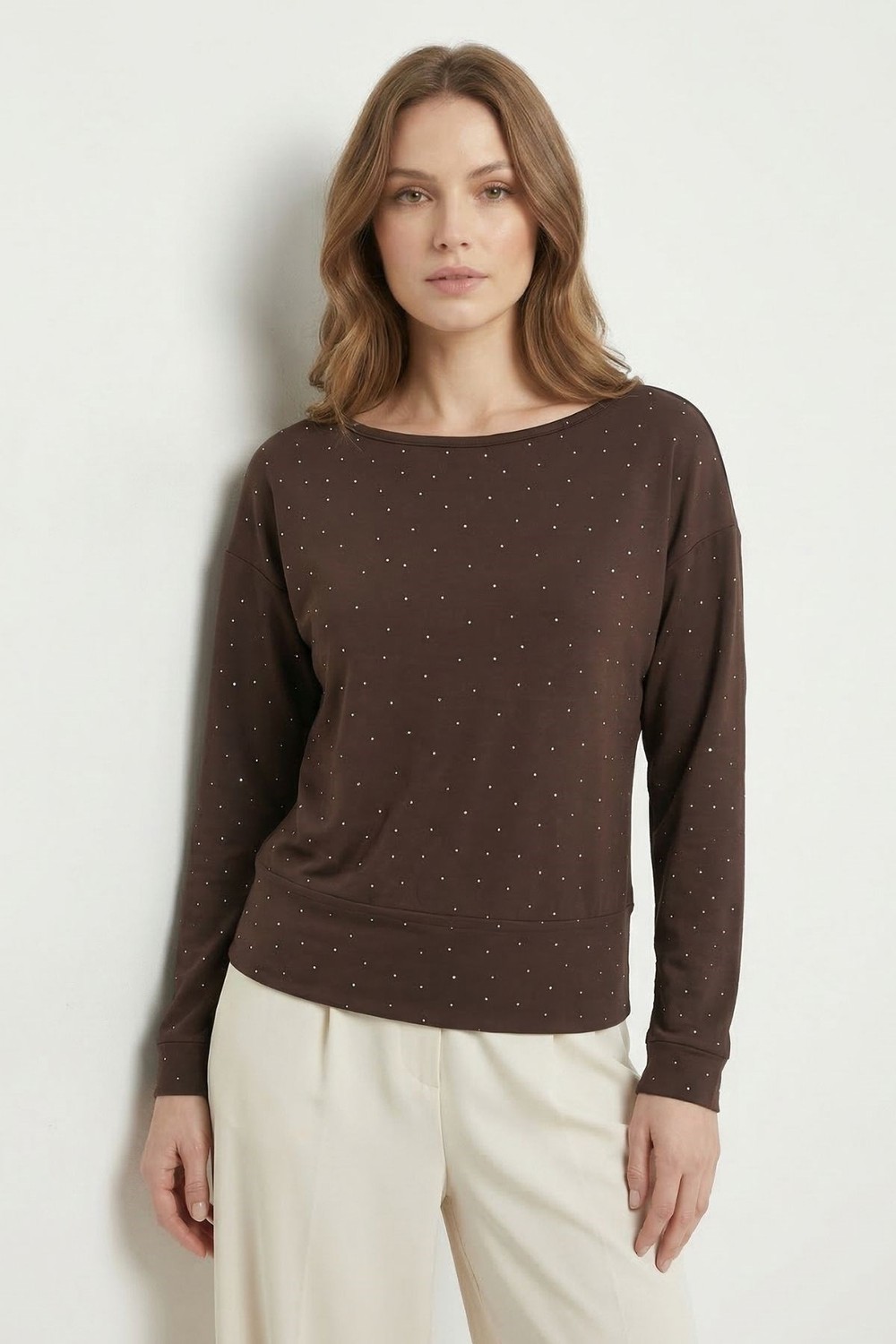 Bluz-Kayık Yaka Taş Detaylı Bluz 8364 Kahve -rulem