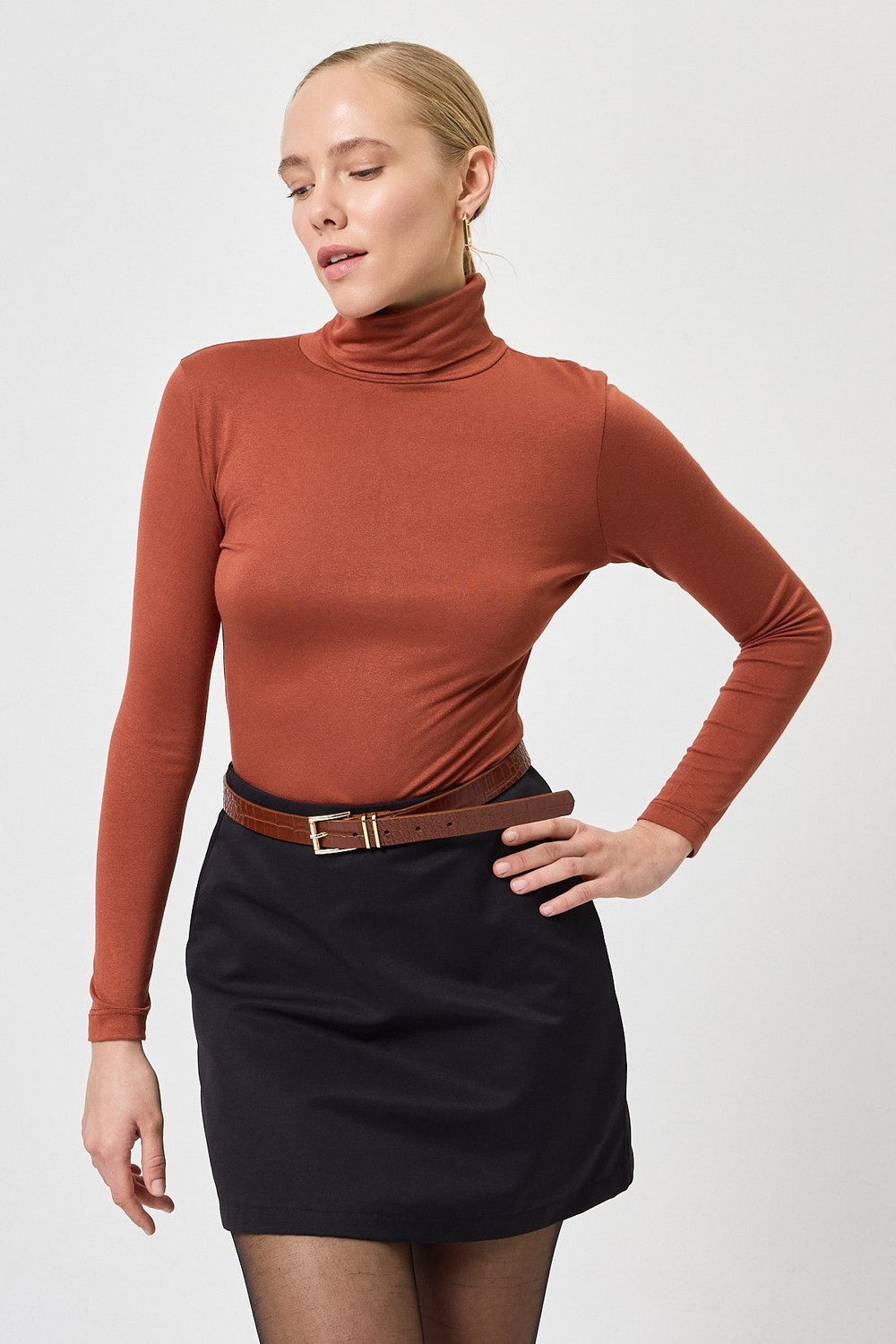 Bluz-Kiremit Balıkçı Yaka Uzun Kollu Dar Kesim Bluz 2504-rulem